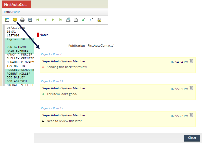Screenshot showing the Notes Summary dialog that is displayed when clicking the PageMart Toolbar Line Item Notes icon.